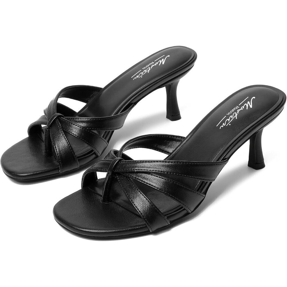 Women Strappy Kitten Black Heels Open Toe Mules Thong Sandal for Party Wedding